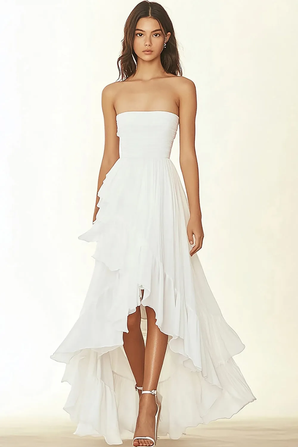 White Strapless Ruffled Graduation Dress sold by Zapaka