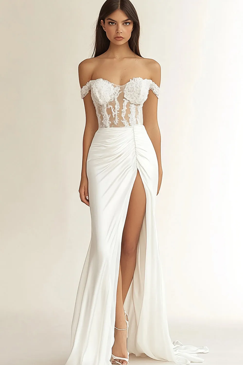 White Mermaid Off the Shoulder Ruched Satin Long Bridal Dress with Slit sold by Zapaka