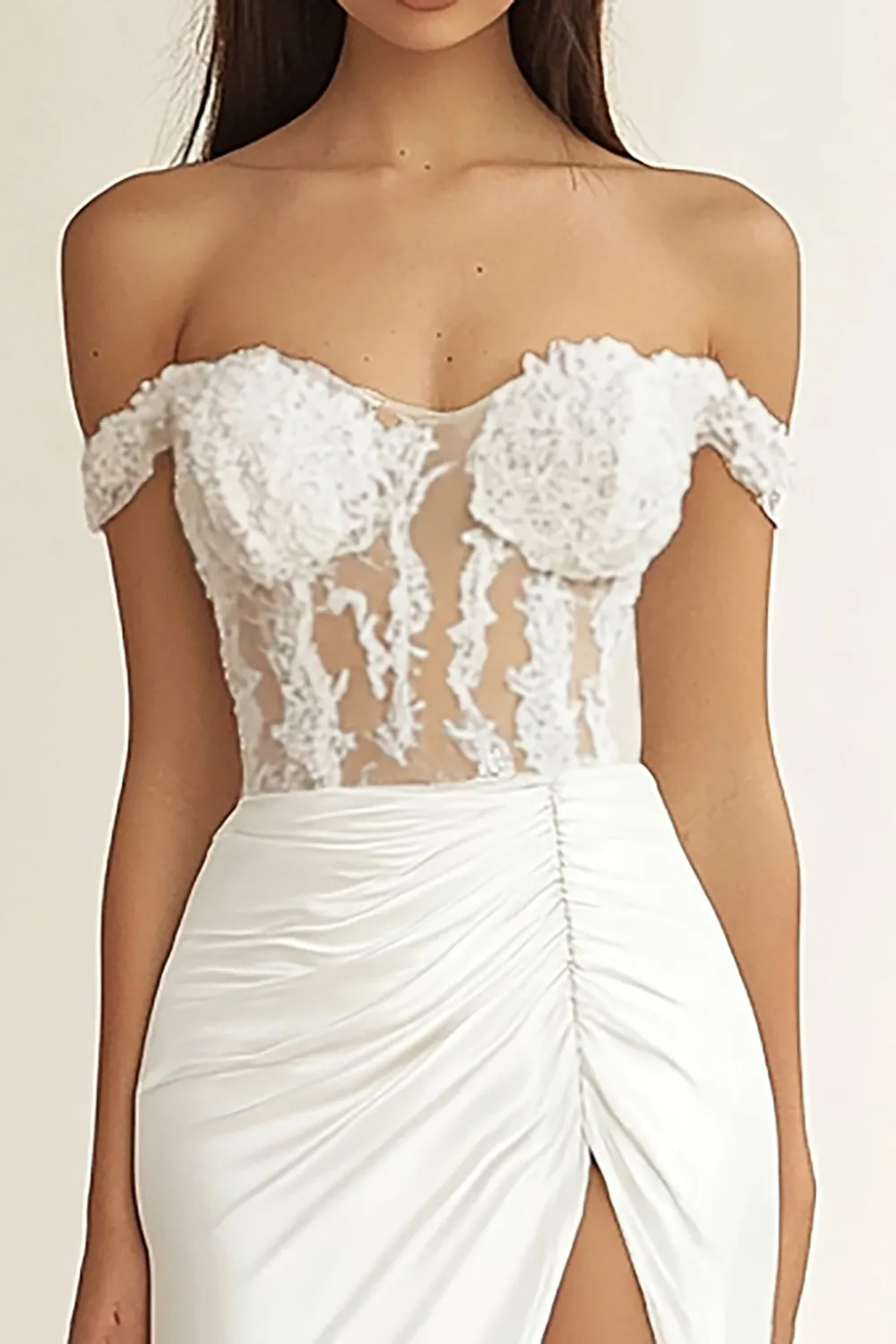 White Mermaid Off the Shoulder Ruched Satin Long Bridal Dress with Slit sold by Zapaka product image thumbnail 2