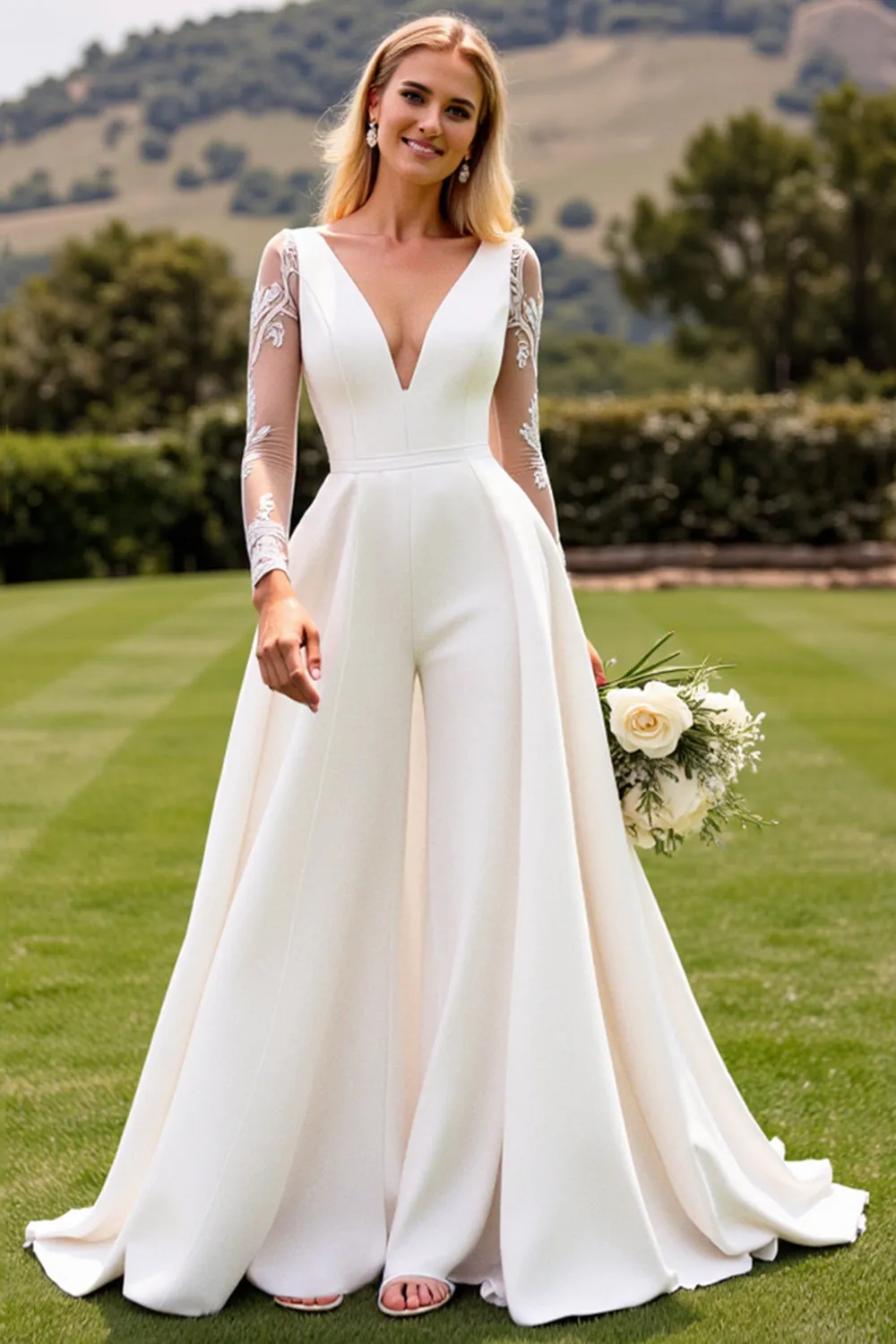White Bodycon Deep V Neck Long Sleeves Satin Bridal Jumpsuit sold by Zapaka