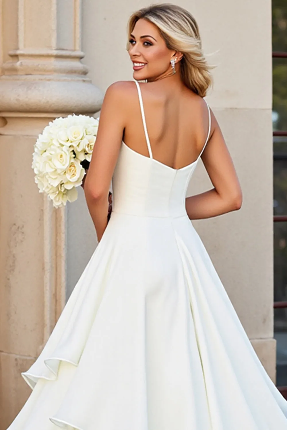 White A-line Spaghetti Straps Ruffled Long Wedding Dress sold by Zapaka product image thumbnail 4