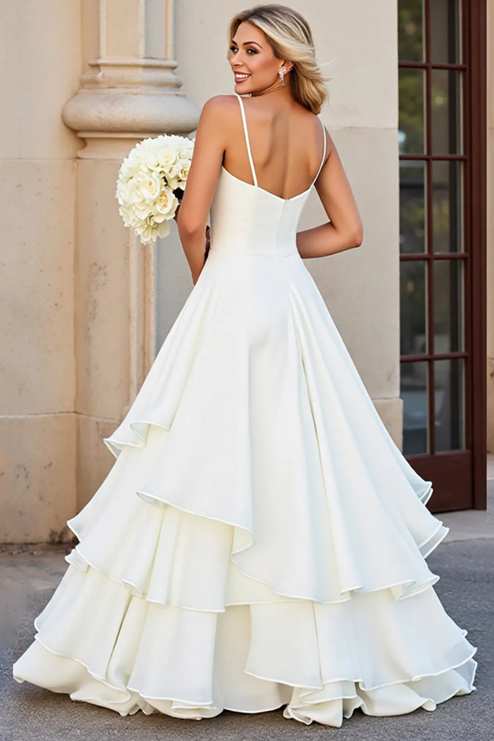 White A-line Spaghetti Straps Ruffled Long Wedding Dress sold by Zapaka product image thumbnail 2
