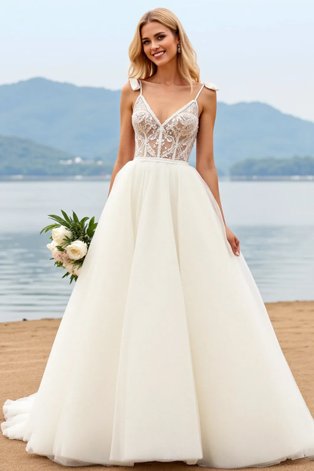 White Spaghetti Straps A-Line Laced Tulle Long Bridal Dress sold by Zapaka product image thumbnail 3