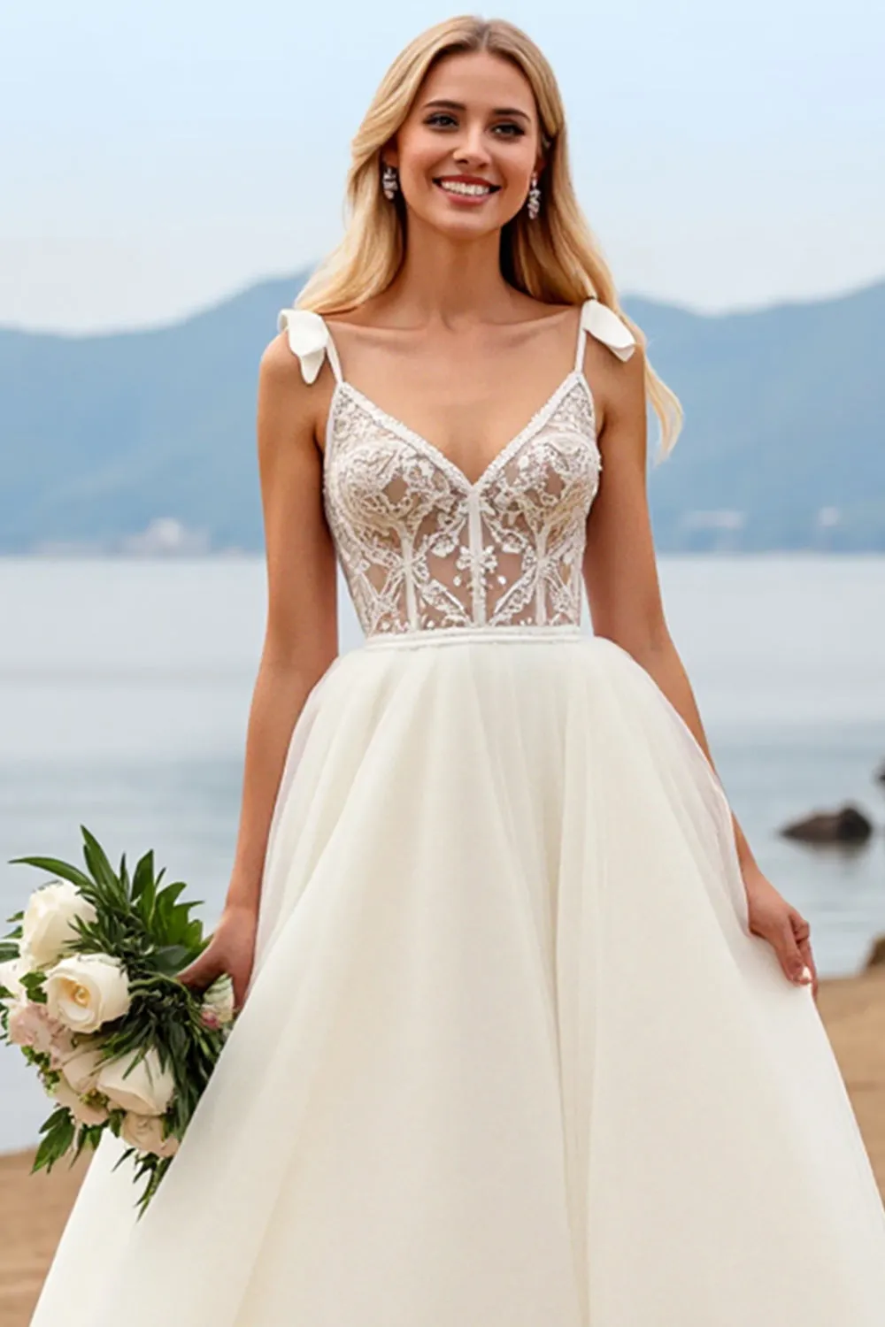 White Spaghetti Straps A-Line Laced Tulle Long Bridal Dress sold by Zapaka product image thumbnail 4