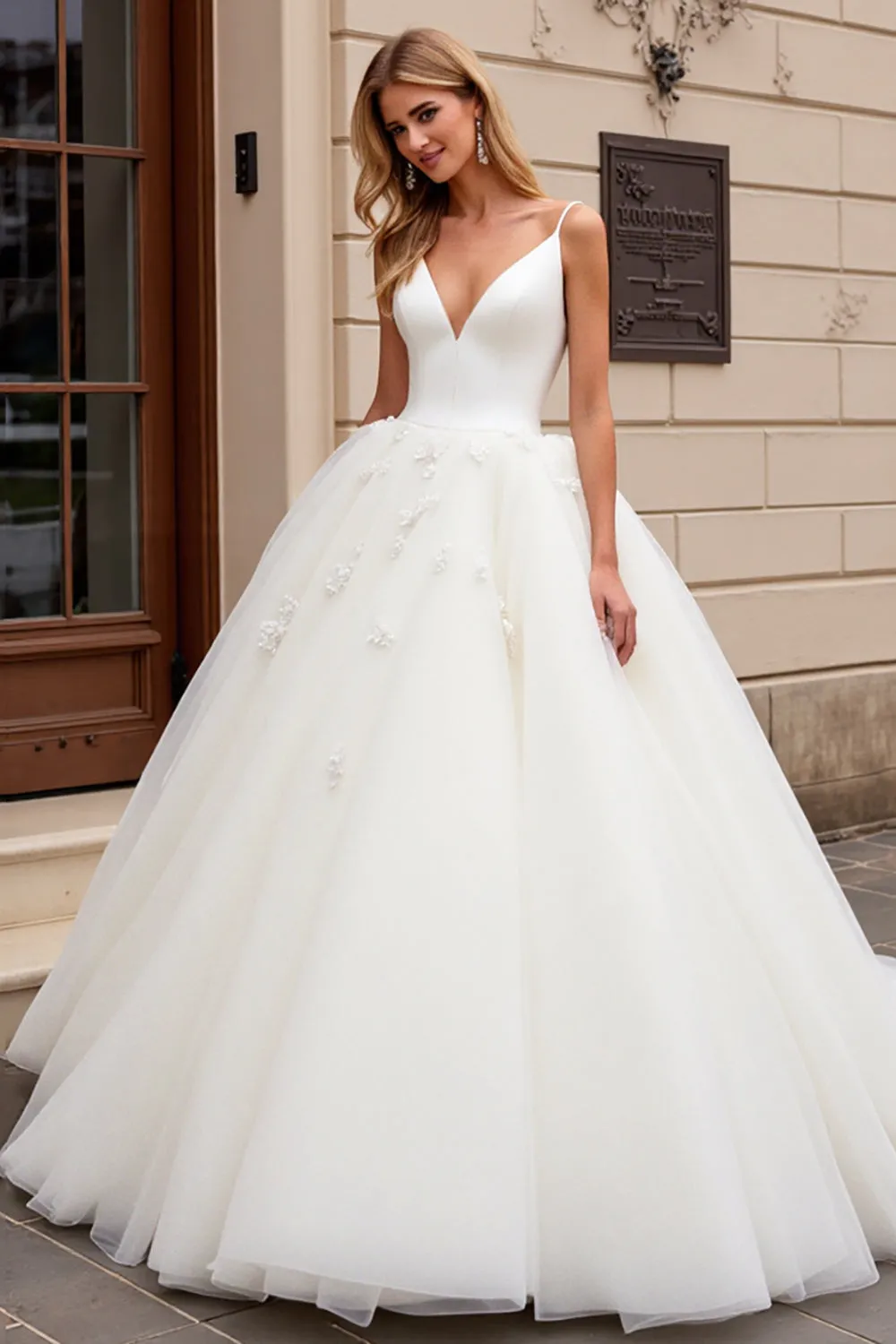 Ivory A-Line Spaghetti Straps Tulle Bridal Dress sold by Zapaka