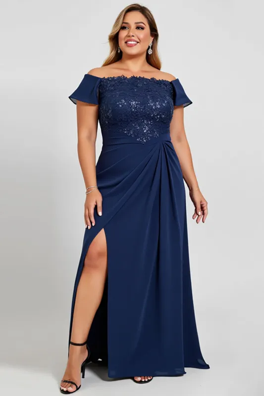 Off the Shoulder Lace Navy Plus Size Mother of the Bride Dress sold by Zapaka