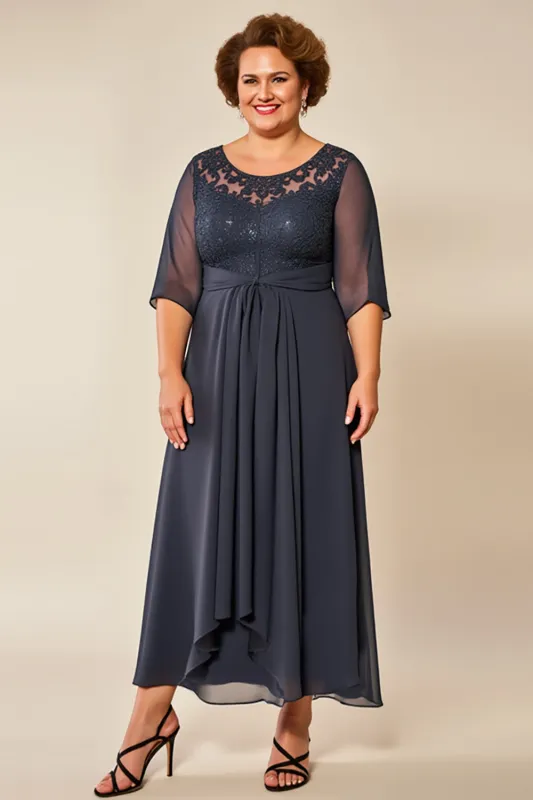 Plus Size Chiffon Lace Steel Grey Mother of the Bride Dress sold by Zapaka