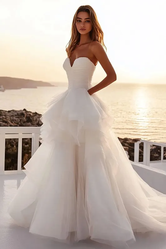 Ivory Tulle Strapless Pleated A Line Wedding Dress sold by Zapaka