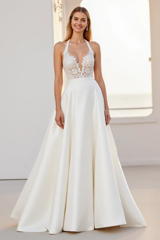 Halter Lace A Line Ivory Satin Wedding Dress sold by Zapaka