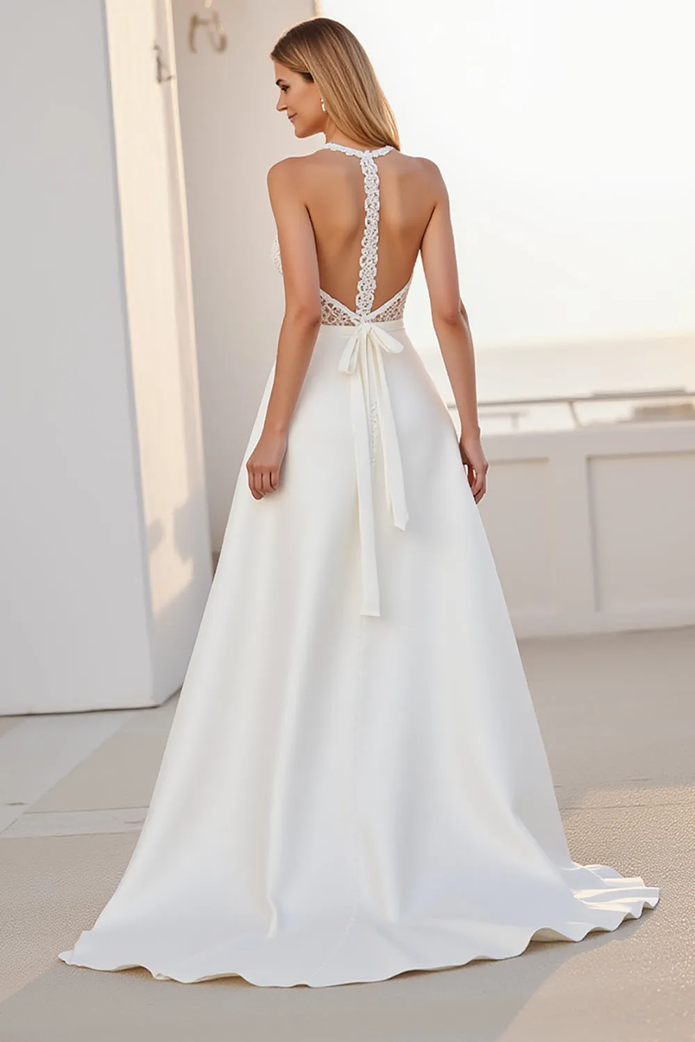 Halter Lace A Line Ivory Satin Wedding Dress sold by Zapaka product image thumbnail 2