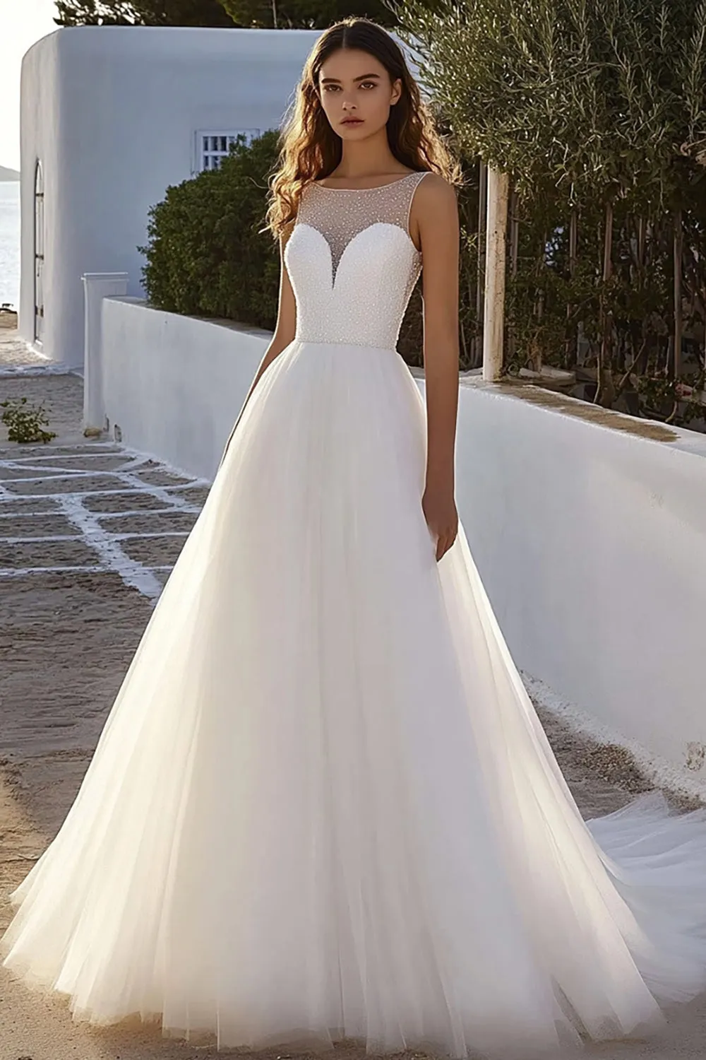 Glitter Ivory A Line Illusion Tulle Wedding Dress sold by Zapaka