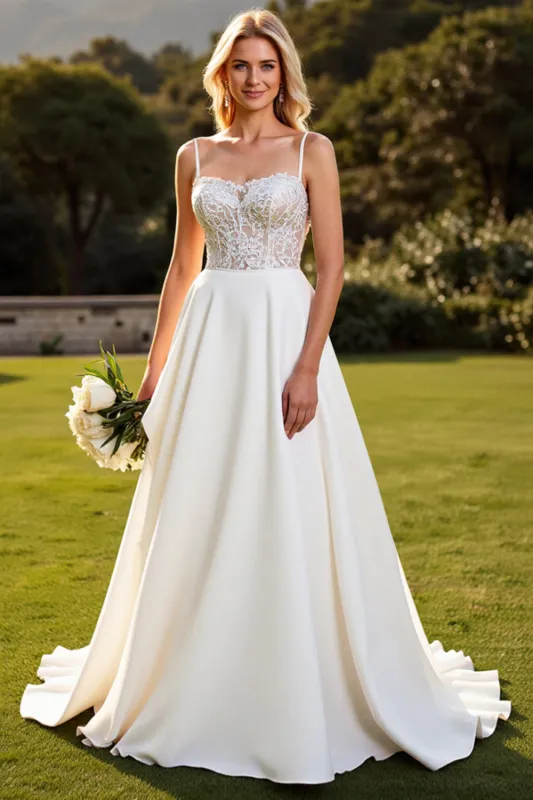 Ivory Chiffon Lace A Line Wedding Dress sold by Zapaka