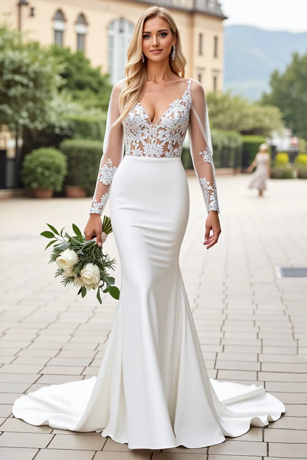 Ivory Lace V Neck Mermaid Wedding Dress with Long Sleeves sold by Zapaka