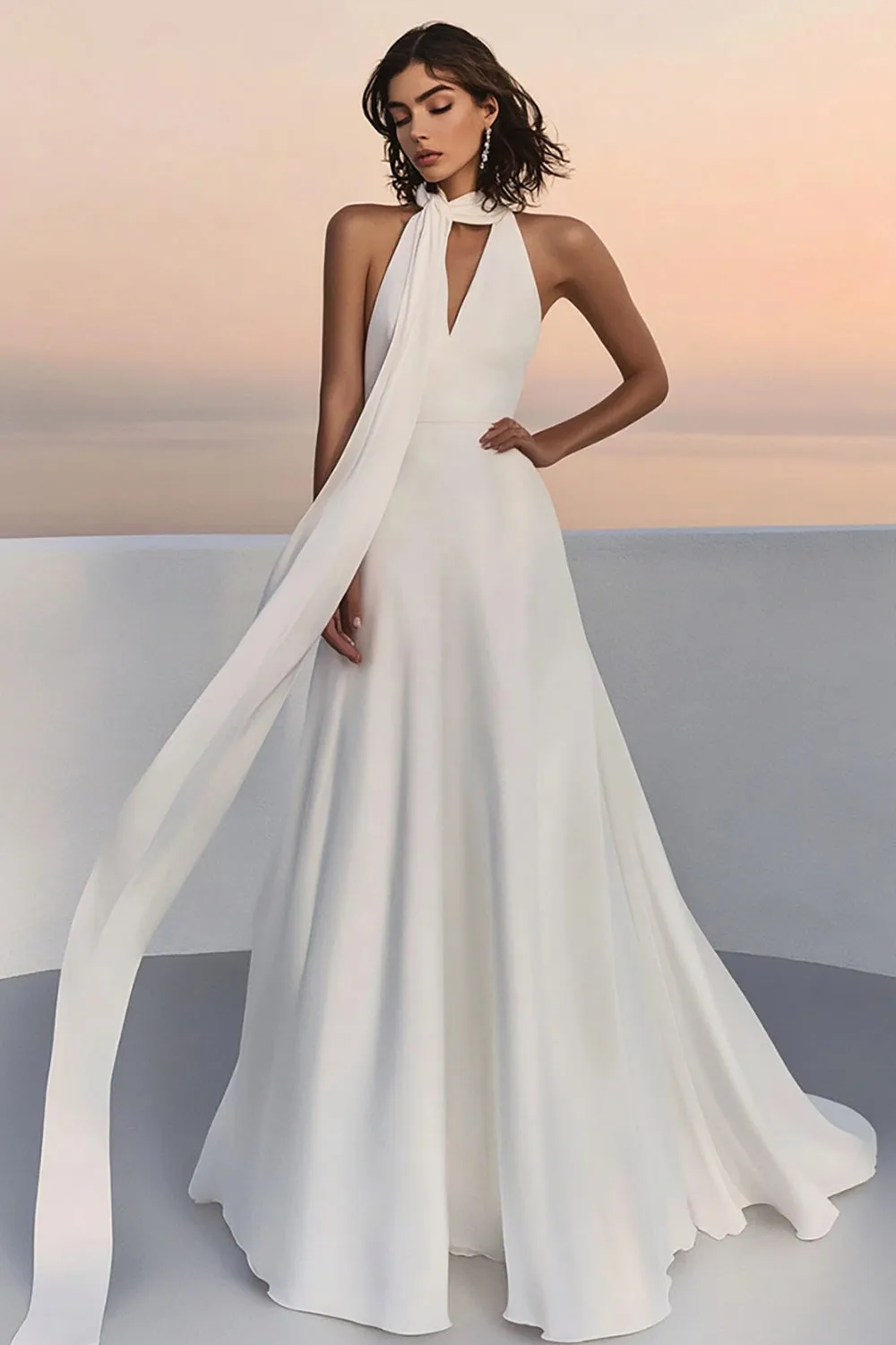 Halter A Line Ivory Chiffon Wedding Dress sold by Zapaka