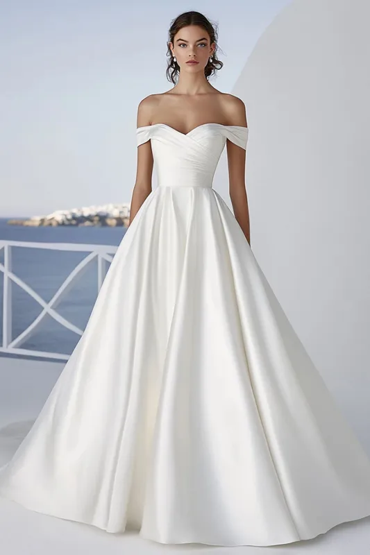 Timeless Ivory Off the Shoulder Satin Wedding Dress sold by Zapaka