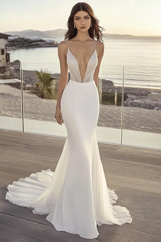 Mermaid Spaghetti Straps lvory Long Wedding Dress sold by Zapaka
