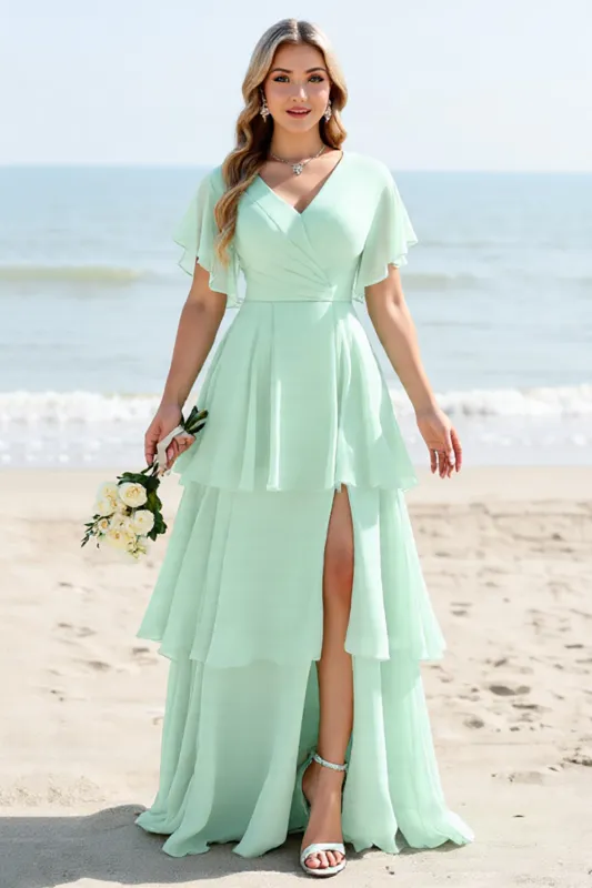 Mint A Line Tiered Short Sleeves Long Bridesmaid Dress sold by Zapaka