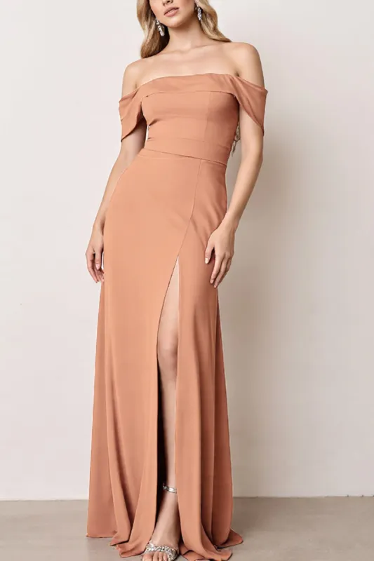 A Line Off The Shoulder Sunset Long Bridesmaid Dress sold by Zapaka