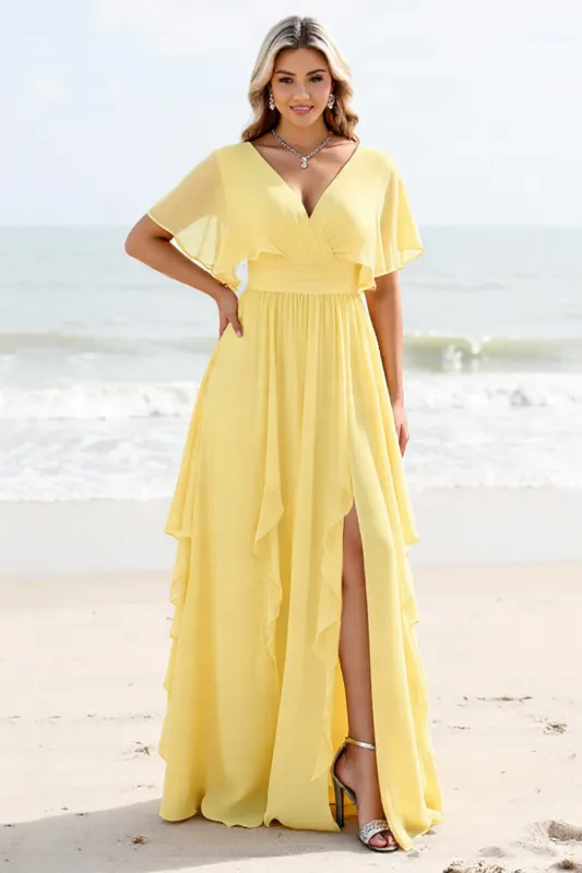 Daffodil A Line Short Sleeves Pleated Long Bridesmaid Dress sold by Zapaka