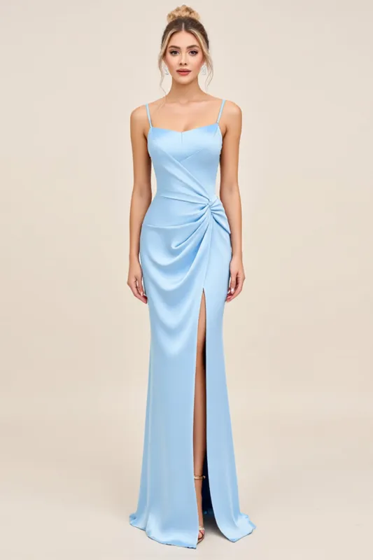 Sky Blue Mermaid Spaghetti Straps Ruched Satin Long Bridesmaid Dress with Slit sold by Zapaka