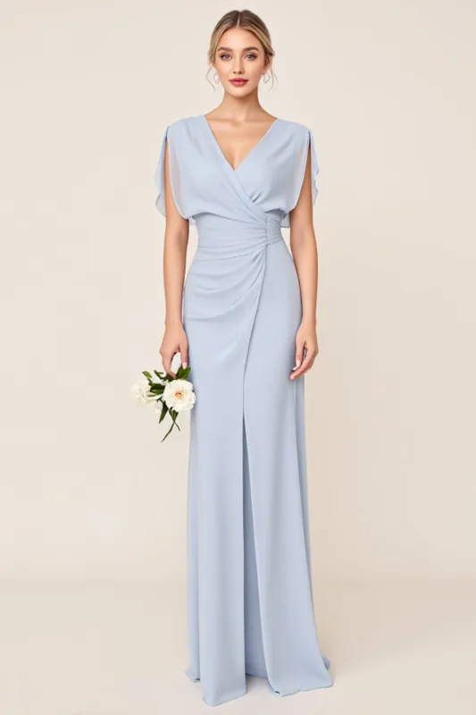 Light Blue Sheath Wrap V Neck Chiffon Long Bridesmaid Dress sold by Zapaka