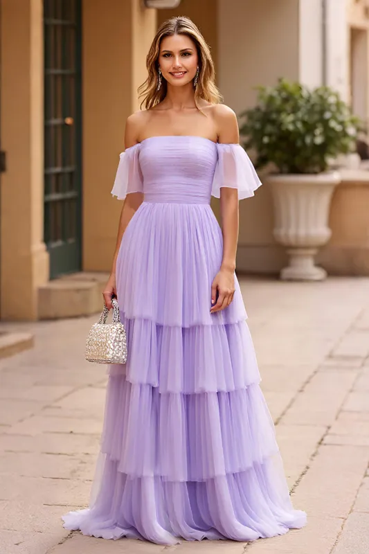 Lilac Off the Shoulder Pleated Tiered A Line Prom Dress sold by Zapaka