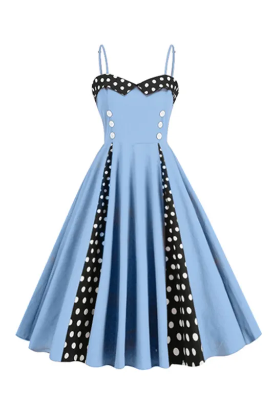 Light Blue Polka Dots Spaghetti Straps 1950s Dress sold by Zapaka