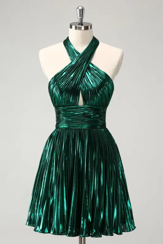 Glitter Dark Green Halter A-Line Pleated Metallic Homecoming Dress sold by Zapaka