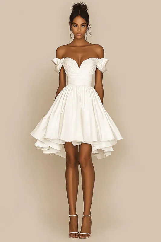 White A Line Off The Shoulder Satin Ruffled Graduation Dress sold by Zapaka