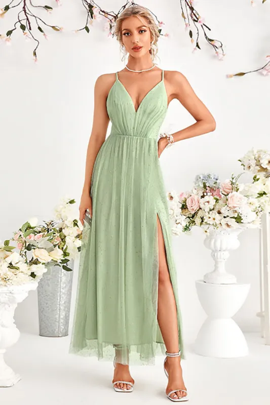 A-Line Tulle Light Green Spaghetti Straps Formal Dress with Slit sold by Zapaka