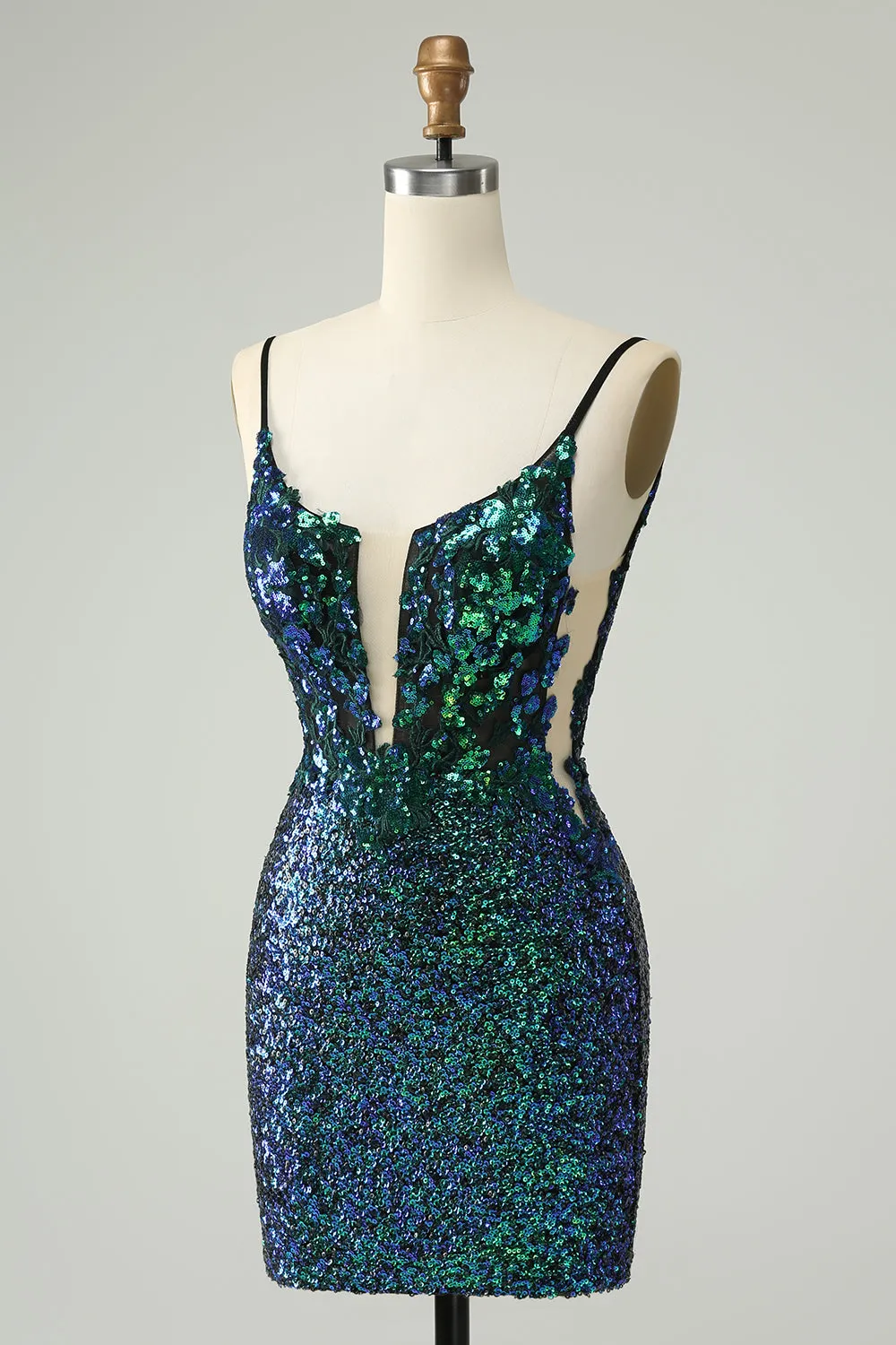 Sparkly Dark Green Spaghetti Straps Tight Short Homecoming Dress with Sequins sold by Zapaka product image thumbnail 3