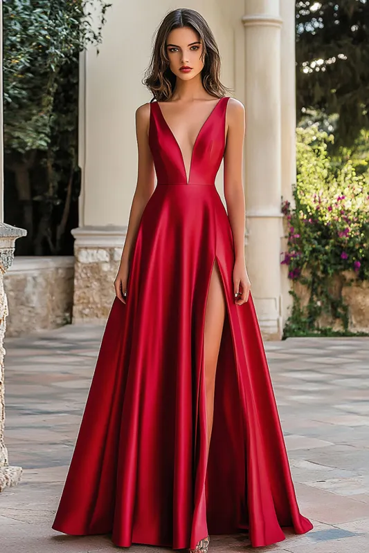 A Line Red V Neck Satin Plus Long Prom Dress with Slit sold by Zapaka