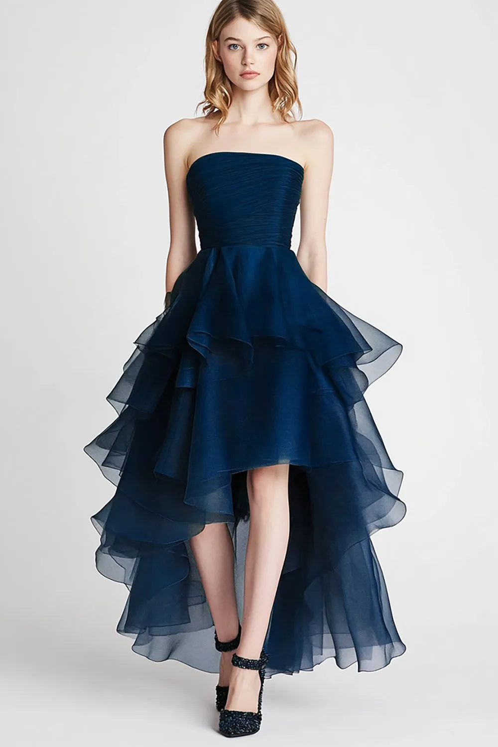 Organza A Line Navy Strapless Ruffled Formal Dress sold by Zapaka