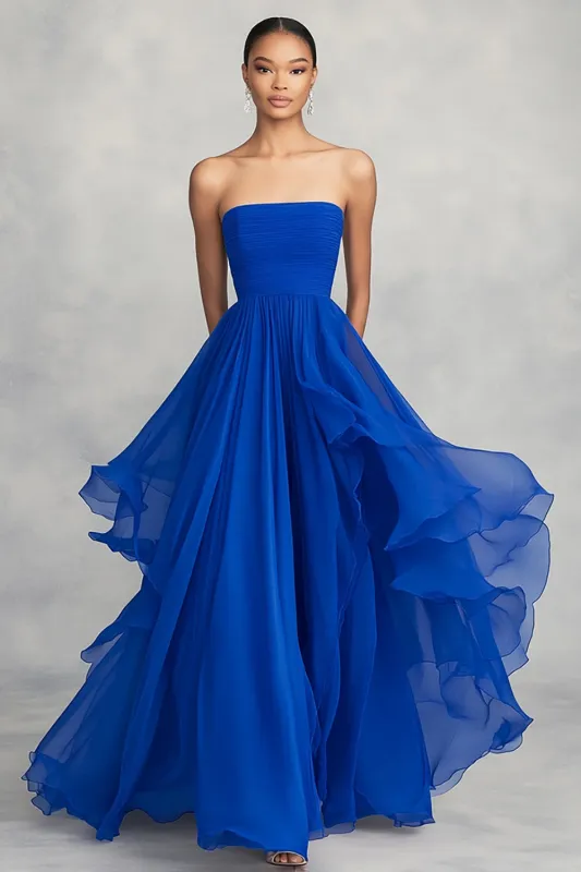 A Line Royal Blue Strapless Pleated Formal Dress sold by Zapaka