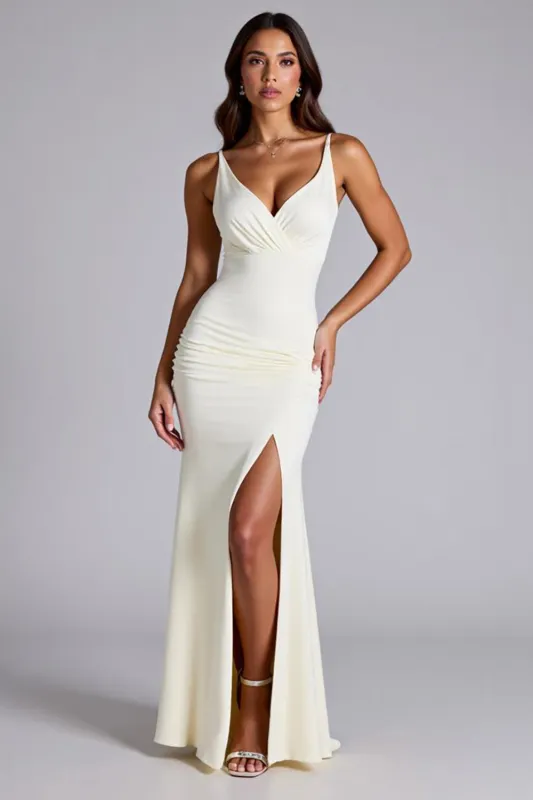 Mermaid Ivory V Neck Matte Satin Formal Dress with Slit sold by Zapaka