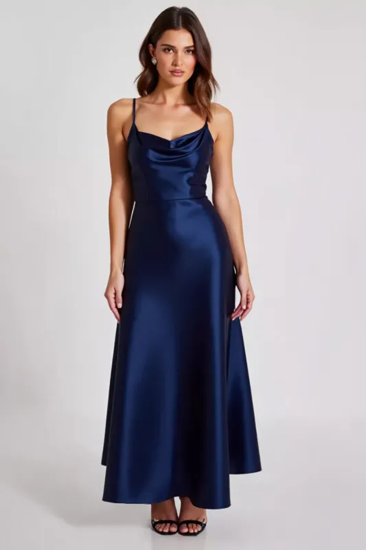 Satin Navy A Line Spaghetti Straps Formal Dress made by Zapaka
