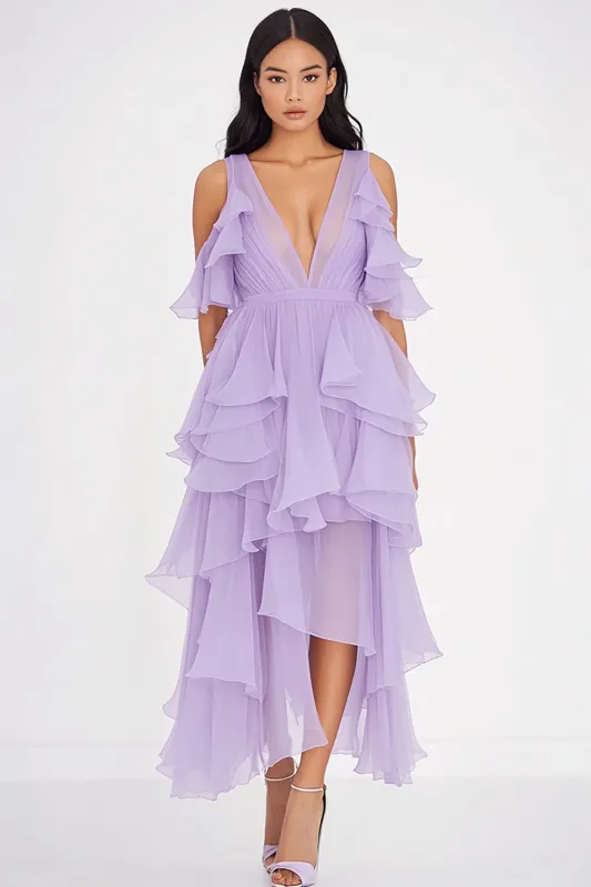 A Line Cold Shoulder Lilac Ruffled Formal Dress sold by Zapaka