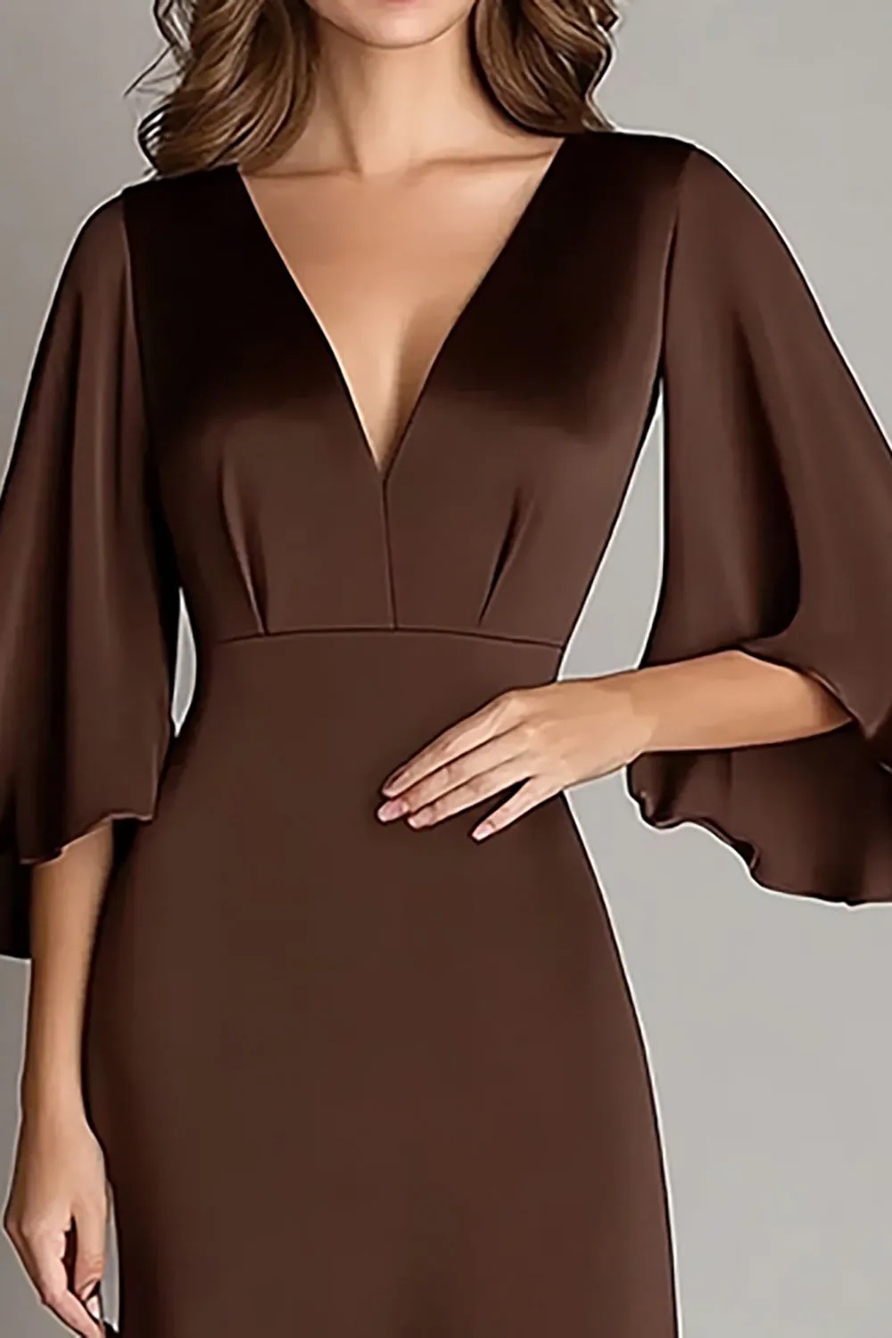 Coffee Satin V Neck Sheath 3/4 Sleeves Formal Dress sold by Zapaka product image thumbnail 2