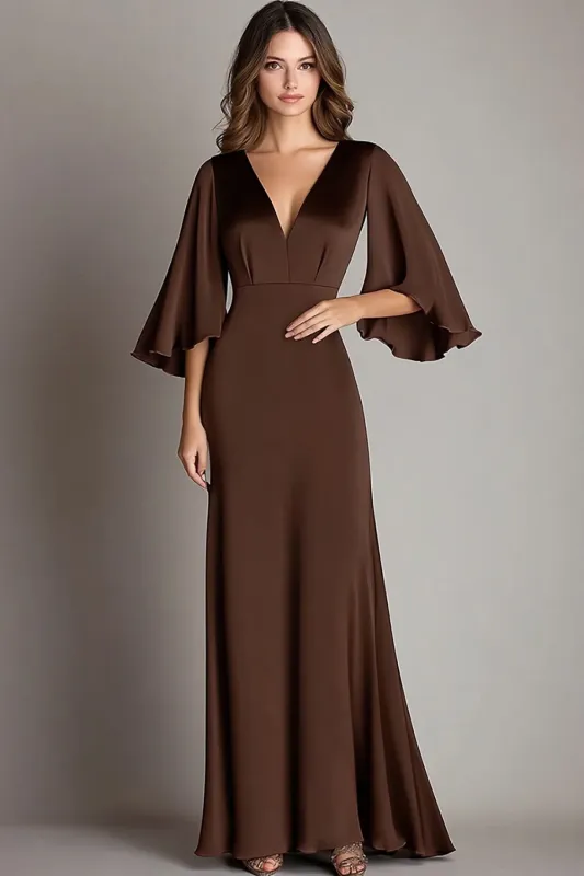 Coffee Satin V Neck Sheath 3/4 Sleeves Formal Dress sold by Zapaka