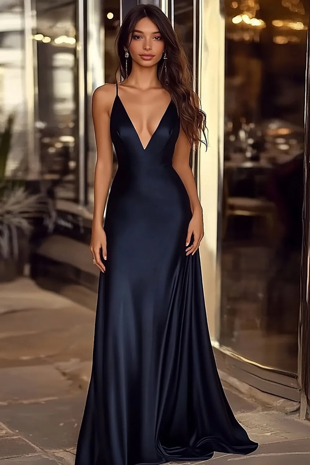 Satin A Line Navy Spaghetti Straps Long Formal Dress sold by Zapaka