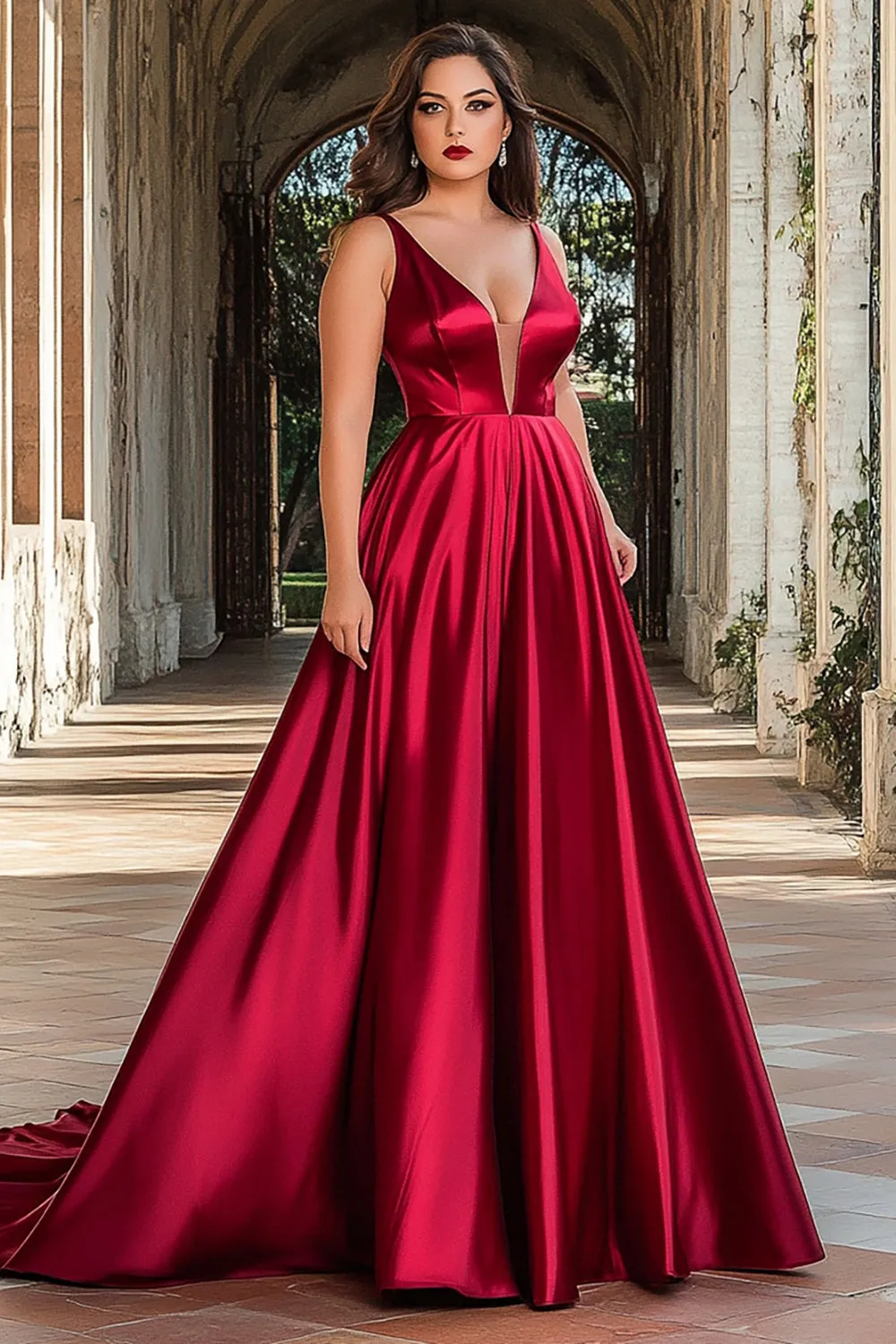 A Line Red V Neck Sleeveless Plus Long Prom Dress sold by Zapaka