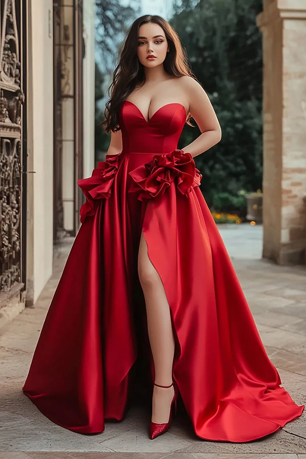 A Line Strapless Red Plus Long Prom Dress with Slit sold by Zapaka