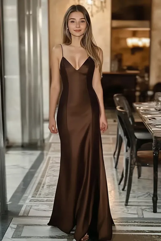 Coffee Satin Spaghetti Straps Mermaid Formal Dress sold by Zapaka