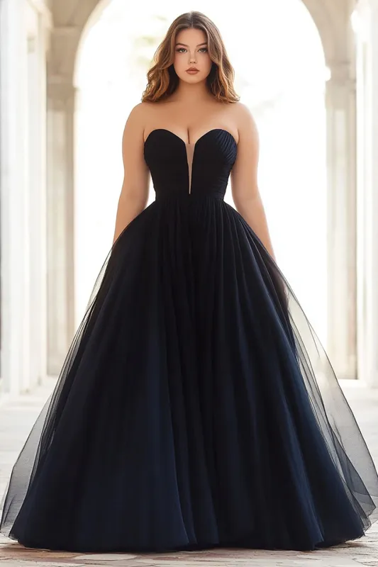 A Line Black Strapless Pleated Plus Tulle Long Prom Dress sold by Zapaka