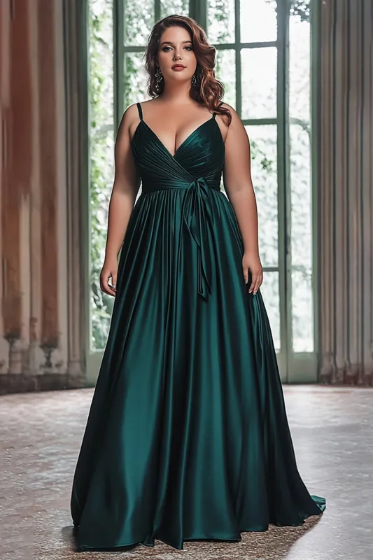 A Line Dark Green Pleated Sleeveless Plus Long Prom Dress sold by Zapaka