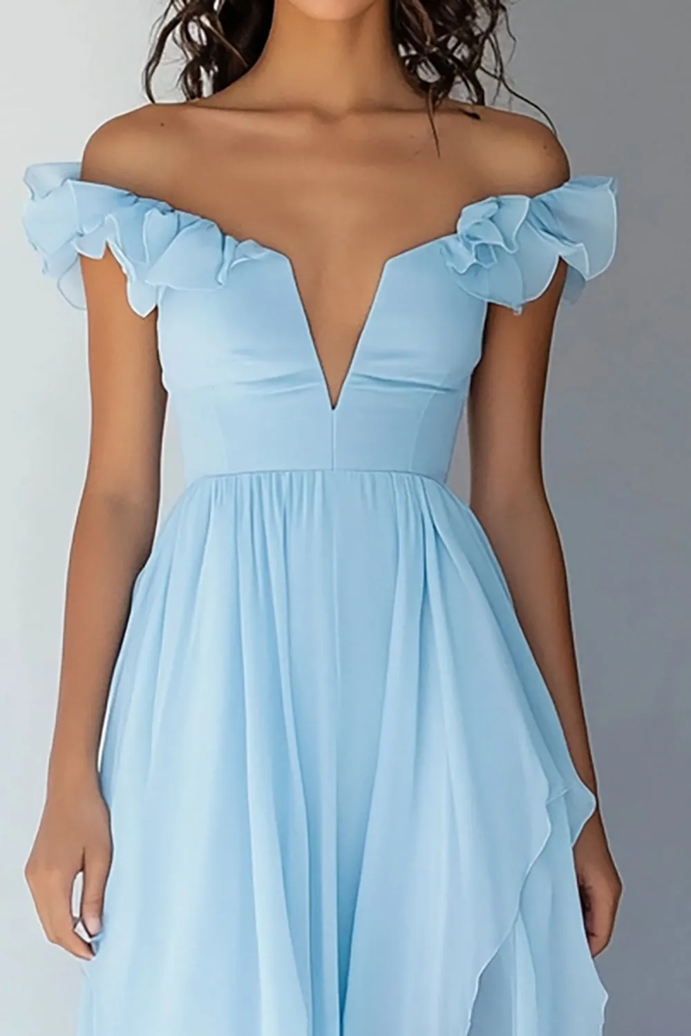 Off the Shoulder Sky Blue Chiffon Ruffled A Line Formal Dress sold by Zapaka product image thumbnail 2