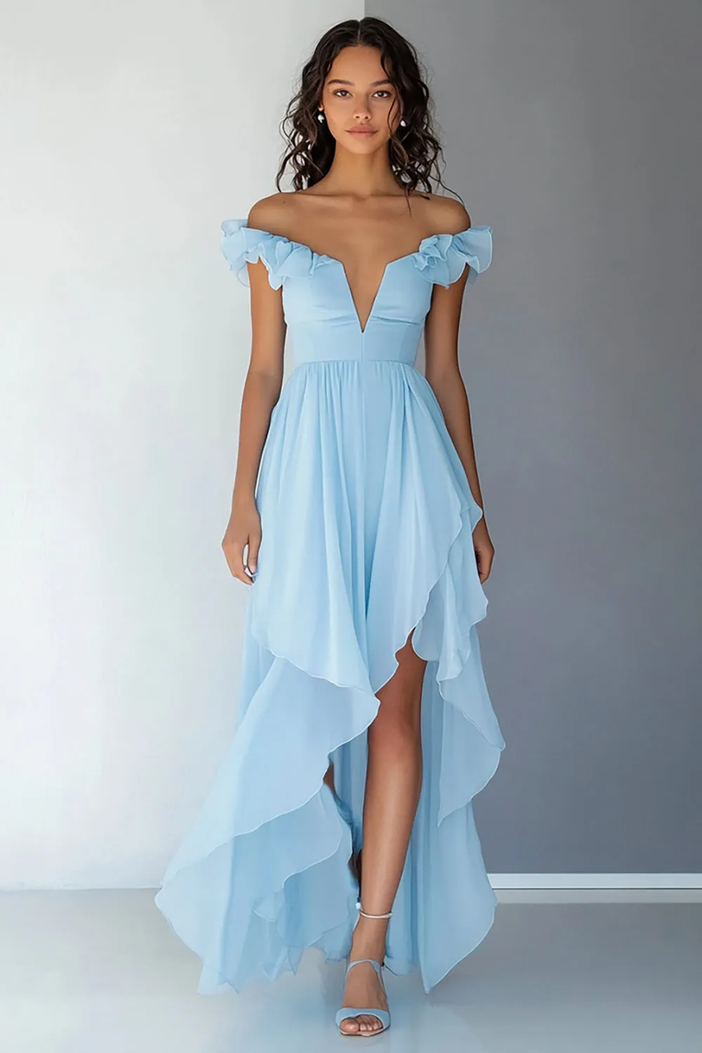 Off the Shoulder Sky Blue Chiffon Ruffled A Line Formal Dress sold by Zapaka