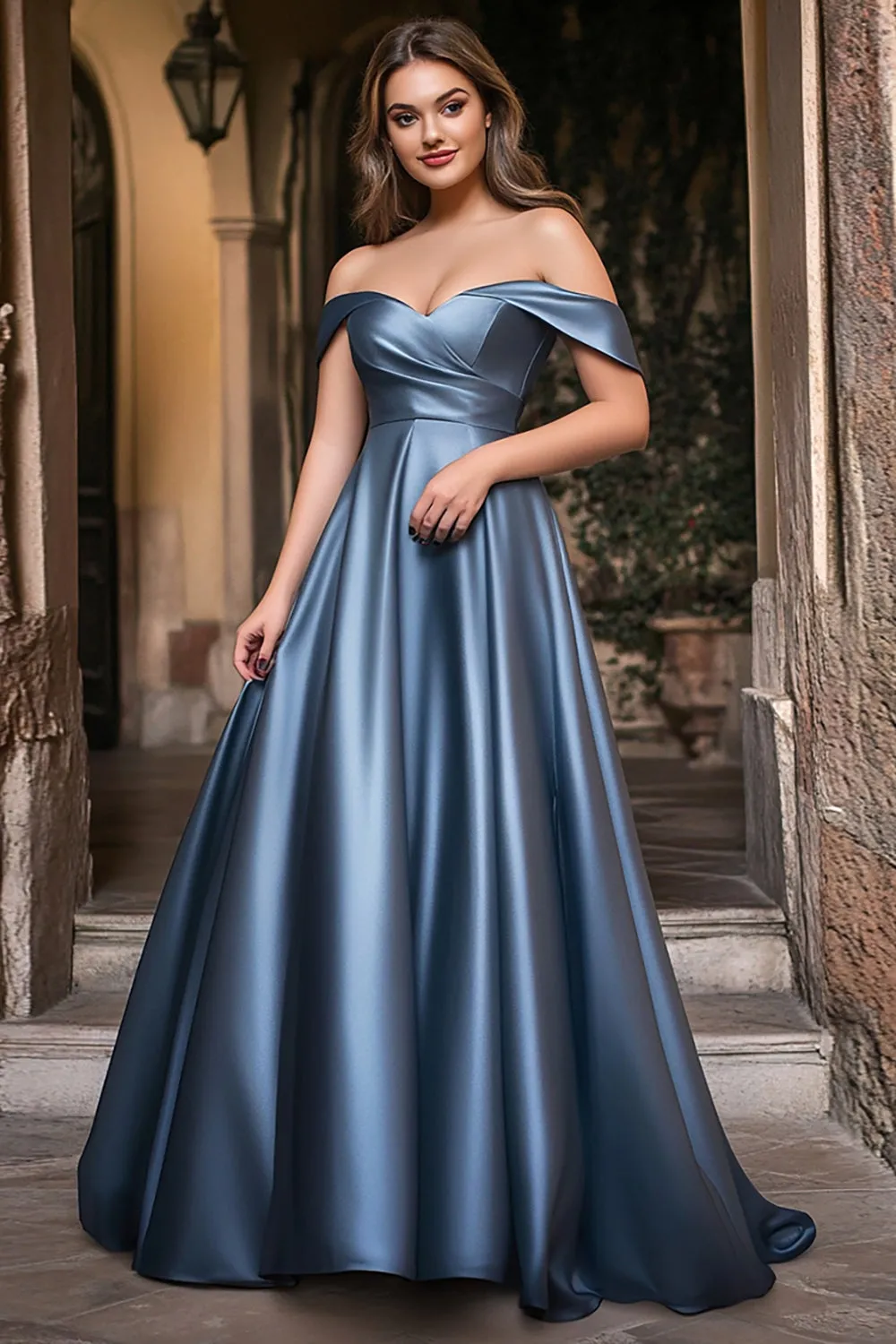 A Line Dusty Blue Off The Shoulder Pleated Plus Long Prom Dress sold by Zapaka