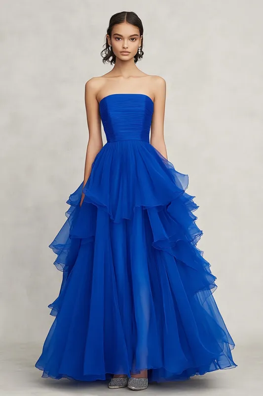 Chiffon Royal Blue Strapless Ruffled A Line Formal Dress made by Zapaka