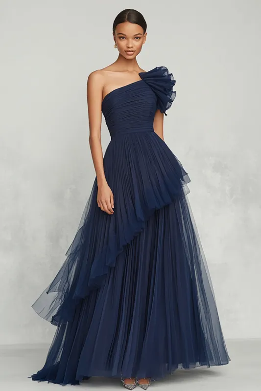 Navy Tulle A Line One Shoulder Ruched Formal Dress sold by Zapaka